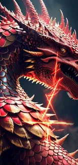 Fiery red dragon with glowing scales and lightning backdrop.