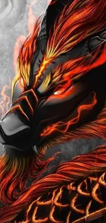 Fiery dragon artwork with vibrant orange flames.