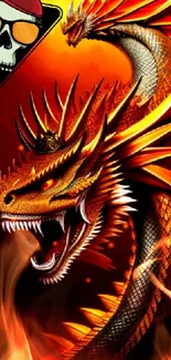 Fiery dragon with a cool skull on a vibrant red-orange background.