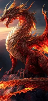 Fiery dragon perched on a cliff with a vibrant sunset sky.