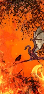 Dragon sits on branch with fiery background.