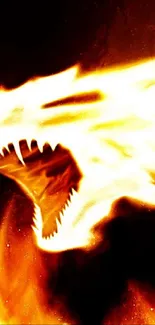 A fiery dragon breathing flames on a dark background.