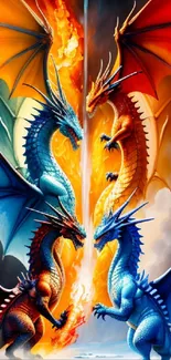 Fiery dragon battle with blue and orange hues in fantasy artwork.