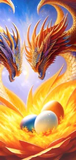 Fantasy wallpaper with dragons and fiery eggs.