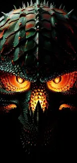 Fiery-eyed dragon with vivid green scales on a dark background, perfect for phones.