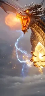 A fiery dragon holding a crystal with a vibrant background.