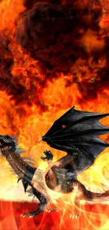 Fiery dragon soaring above flames in fantasy scene.