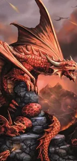 Fiery red dragon fantasy art with dramatic landscape.