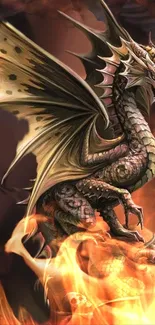 Intricate dragon amidst flames, fantasy art.