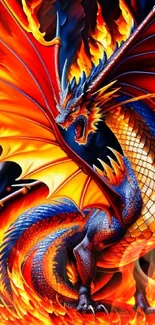 Fiery dragon with orange wings in fantasy art wallpaper.