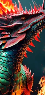 Fiery dragon artwork with vibrant scales and flames rising around it.