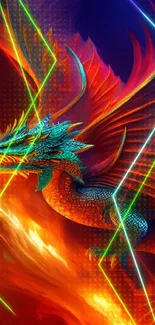 Fiery dragon with vibrant colors in fantasy art wallpaper.