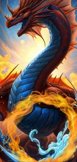 Fiery dragon with swirling flames in fantasy artwork for mobile wallpaper.