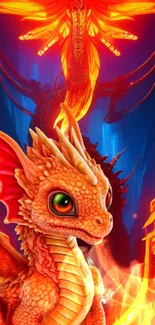 Vibrant fiery dragon on a fantasy-themed mobile wallpaper.