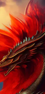 Fiery dragon with red scales and intricate details on a fantasy mobile wallpaper.