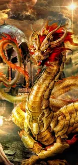 A golden dragon in a mystical fantasy setting.