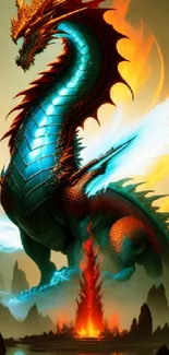 Majestic fiery dragon in fantasy landscape, vibrant colors.