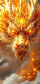 Fiery dragon with blazing eyes and mythical flames in fantasy art.