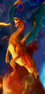 Fiery dragon breathing fire with vibrant colors on mobile wallpaper.