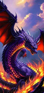 Majestic purple dragon engulfed in flames in a fantasy sky.