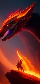 Fiery dragon watching over a glowing landscape.