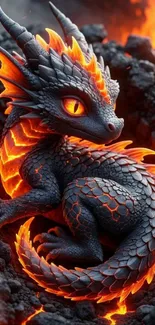 Fiery dragon amidst glowing lava rocks.