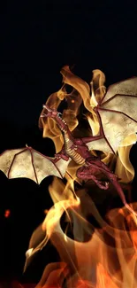 Fantasy dragon with fiery wings in a dark, dramatic setting.