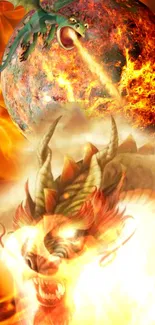 Fiery dragon battling amidst cosmic flames.