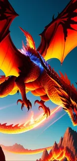 A fiery dragon soaring over mountains with vibrant wings.