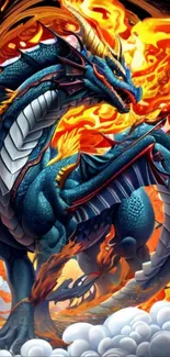 Majestic blue dragon surrounded by fiery flames on a fantasy wallpaper.