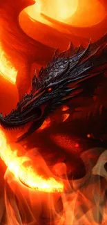 Fiery dragon with dramatic flames in fantasy art design for mobile wallpaper.