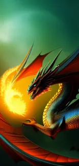 Vibrant dragon breathing fire in a mystical fantasy landscape