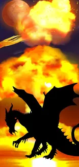 Silhouette of a dragon against a fiery sky with a meteor and full moon.