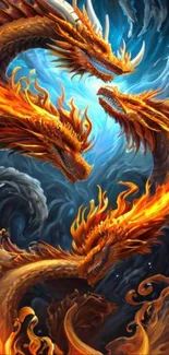 Fiery dragons entwined in a vibrant fantasy art design.