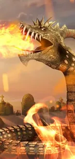 Epic dragon breathing fire with a mystical background.