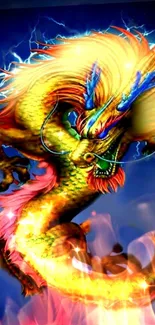 Fiery golden dragon surrounded by flames and blue lightning.