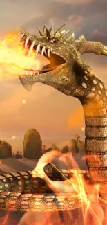 Epic dragon breathing fire in a desert landscape with a dramatic sunset background.