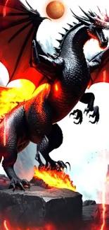 Dynamic black dragon with fiery wings on a rocky landscape, against a blazing backdrop.