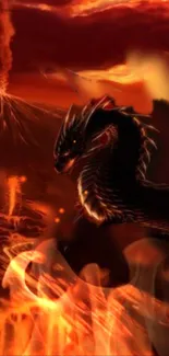 Fiery dragon with volcano backdrop in dark wallpaper.