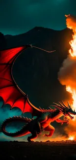 A majestic red dragon breathing fire at night in a fantasy landscape.