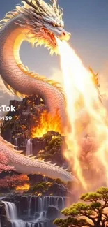 Fire-breathing dragon in a mystical landscape wallpaper.