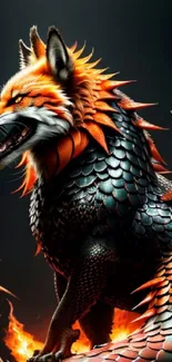 A vibrant dragon-fox hybrid with fiery scales, perfect for mobile wallpaper.