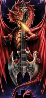 Red dragon holding a guitar with lightning background, ideal for rock enthusiasts.