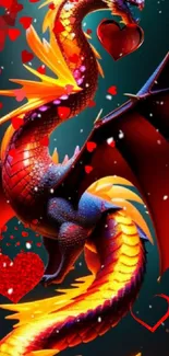 Fiery dragon with hearts mobile wallpaper, vibrant and fantasy-inspired.