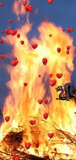 Fiery wallpaper with hearts and dragon.