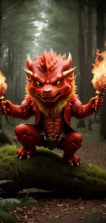 Fiery dragon with torches in an enchanted forest setting.