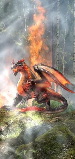 Fiery dragon in enchanted forest setting, flames illuminating the scene.