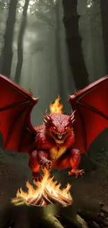 A fiery red dragon emerges fiercely from a mystical forest setting, breathing fire.