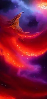 Fiery red dragon soaring through a cosmic purple sky.