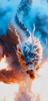 Fantasy dragon soaring through colorful clouds.